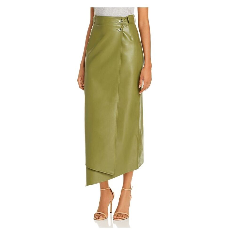 Áeron Womens Green Faux Leather Tea-Length Wrap Evening Skirt Size: 34